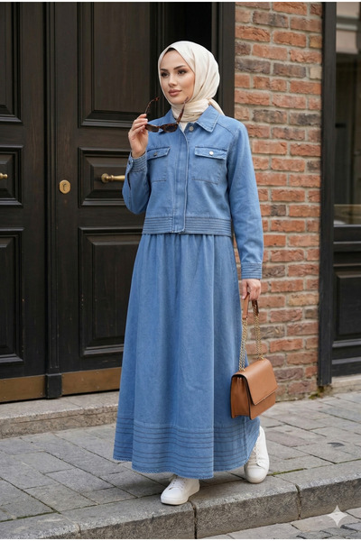 MODAQU Seam Detail Zippered Denim Jacket Skirt Set - Ice Blue