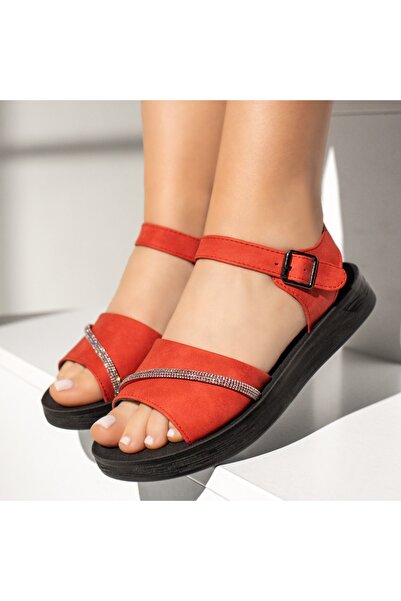 Modlet.ro Γυναικεία κόκκινα φλατ Σανδάλια με διακοσμητικές πέτρες MOD11517