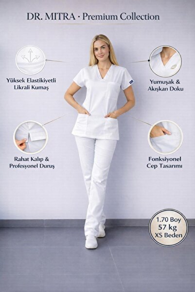 Dr. Mitra White Stretch Fabric Nurse Doctor Uniform Unisex Surgical Suit Scru...