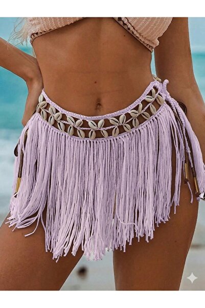 Veille Lila Kadın Püsküllü Bohem Pareo Etek Deniz Kabuklu Bikini Üstü Plaj Et...