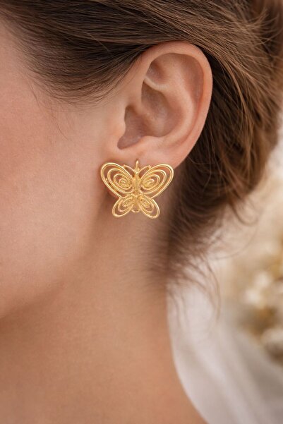 Amora Perla Jewelry 925 Ayar Gümüş 18K Altın Kaplama Minimal Kelebek Model Küpe