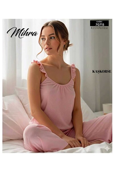 Mihra Ribbed Knit Fabric Ruffle Strap Pajama Set