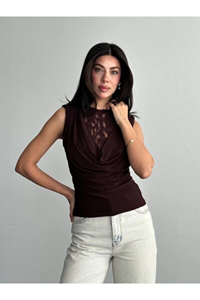 Shopping Shop Lace piece drape collar sleeveless blouse coffee