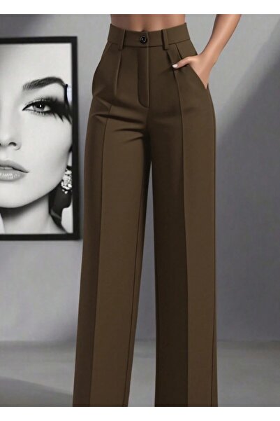 Hera Moda Women's Coffee High Waist Pleated Loose Cut Pants