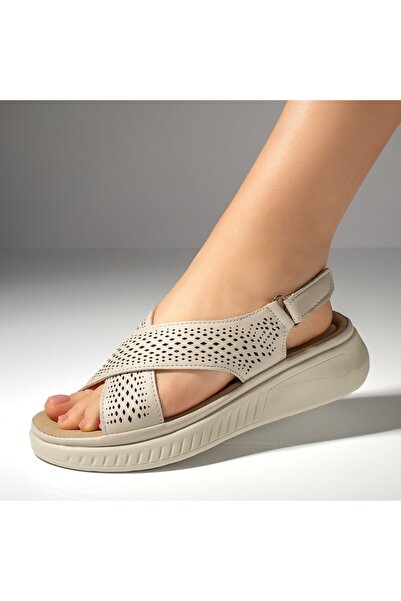 Modlet.ro Women's beige sandals with perforations and velcro closure MOD13115