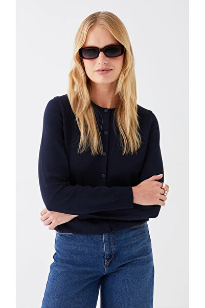 LC Waikiki Navy Blue Crew Neck Plain Long Sleeve Women's Knitwear Cardigan
