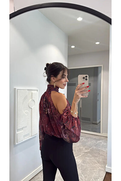 Perry Boutique Burgundy Patterned Off-Shoulder Satin Blouse