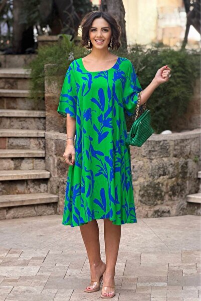 Nevin Kaya Moda V3-Green Gardenia Φόρεμα με τετράγωνο λαιμόκοψη Με σχέδιο