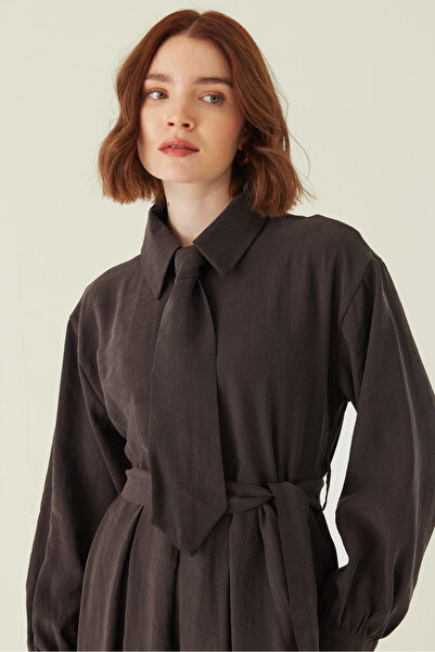 ZÜLAYS Kravat Detaylı Elbise Acı Kahve