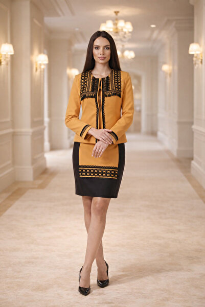 Divin store M1 mustard suit with traditional motifs – jacket and elegant dress