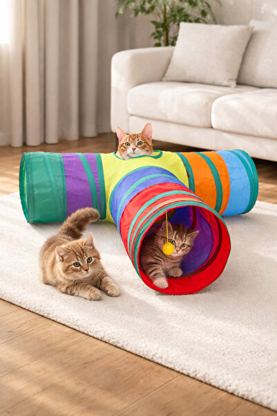 Renkli Kedi Tüneli Oyuncağı, Çok Girişli, Eğlenceli ve Zilli Tasarım