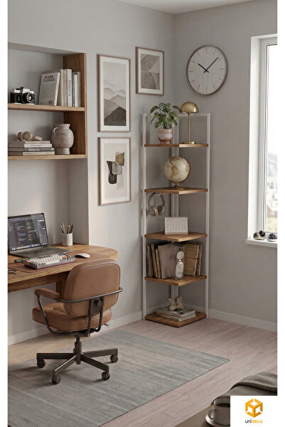 AYZ Ela 5 Raflı Metal Köşe Kitaplık Rafı Dekoratif Aksesuar Rafı 180 cm