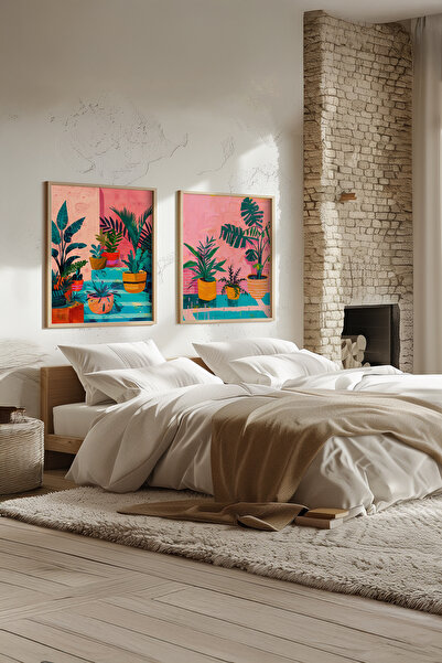 STARYUNA Wooden Framed Tropical Plant and Cobalt Theme Double Painting Set Yu...