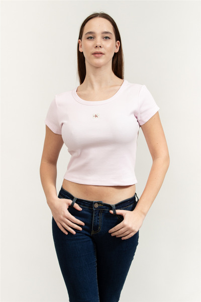 Calvin Klein A- Woven Label 2X2 Rib Baby Tee Kadın Bisiklet Yaka T-Shirt Pembe