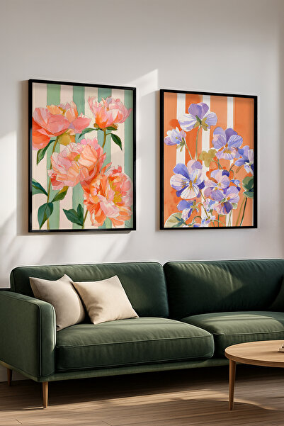 STARYUNA Black Wooden Framed Flower Themed Colorful Double Painting Set Yuna605