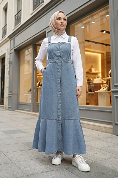 MODAQU Buttoned Pocketed Skirt Ruffled Denim Gilet -Ice Blue