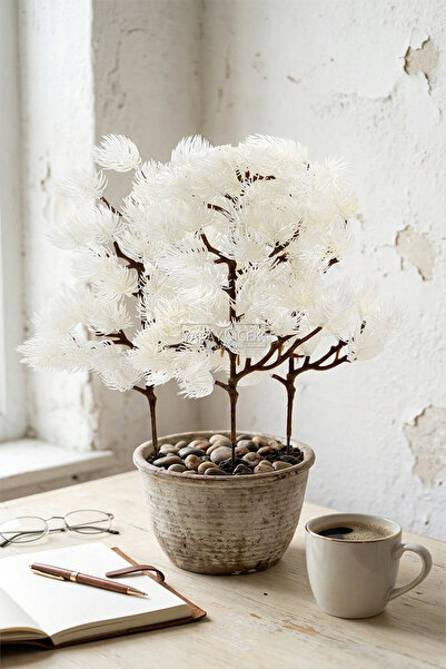 Yapay Çiçek Deposu Artificial Plant Needle-Leaf Pine Branch 35 cm White