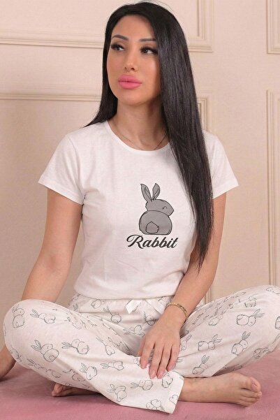 Niket Life Women's Rabbit Slogan and Six Rabbits Patterned Combed Cotton Paja...