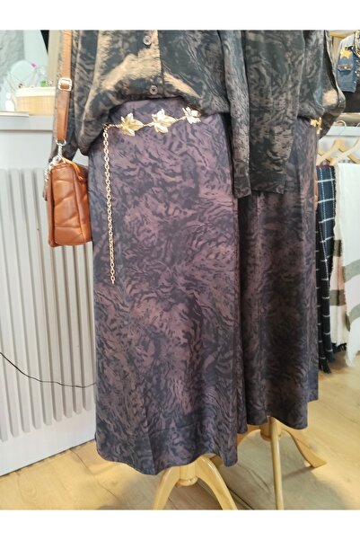 Shiny Boutique ZEBRA DESENLİ KAHVERENGİ BELİ LASTİKLİ SATEN ETEK