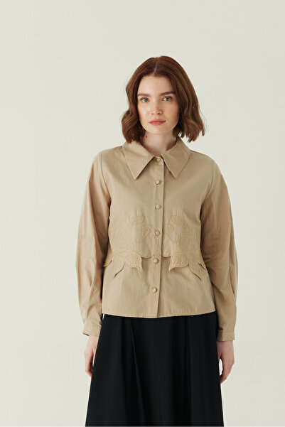 ZÜLAYS Gül Nakışlı Poplin Gömlek Bej