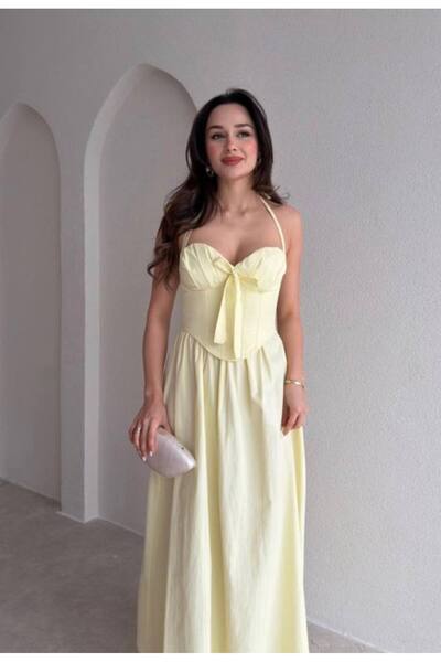 NEW JOURNAL Women's Yellow Halter Neck Corset Detailed Maxi Dress Yel221823