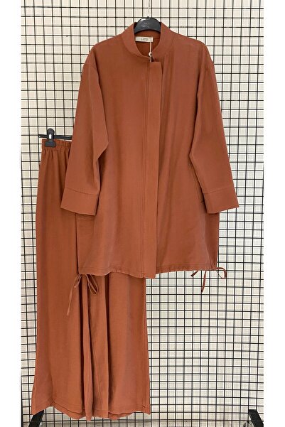 Armine Natural Fabric Back Detail Zippered Tunic-Pants Summer Two-Piece Set