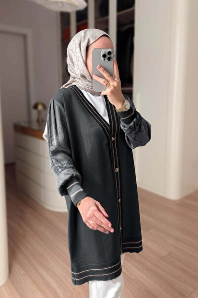 Ka Hijab Stripe Detail Silk Cupra Mercerized Cardigan - Khaki