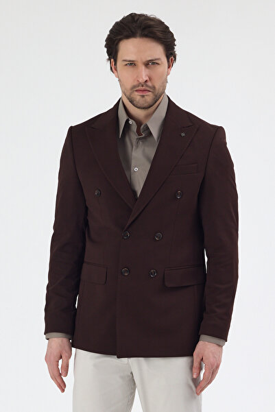 Frappoli Pique Men's Brown Double-Breasted Pointed Collar Stretchy Poly Visco...