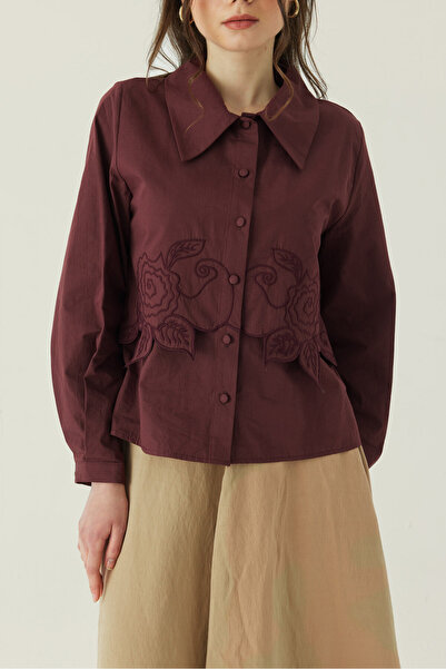 ZÜLAYS Gül Nakışlı Poplin Gömlek Bordo