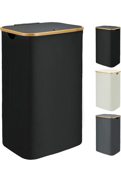 NO BRAND Large Laundry Hamper with Lid, 110L Modern Black Foldable Rectangula...