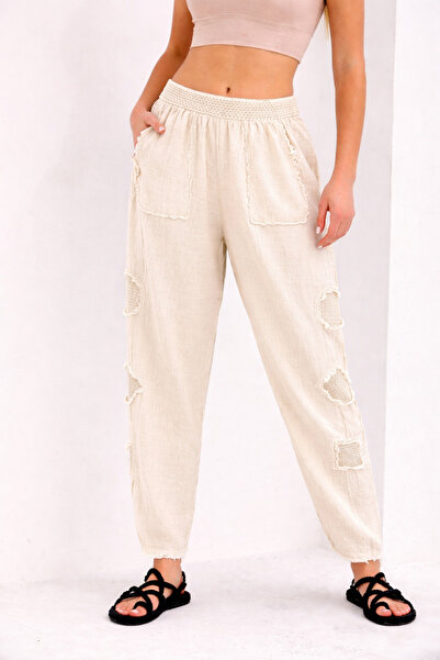 NEW JOURNAL Women's Beige Elastic Waist Mesh Detailed Linen Pants Nj121