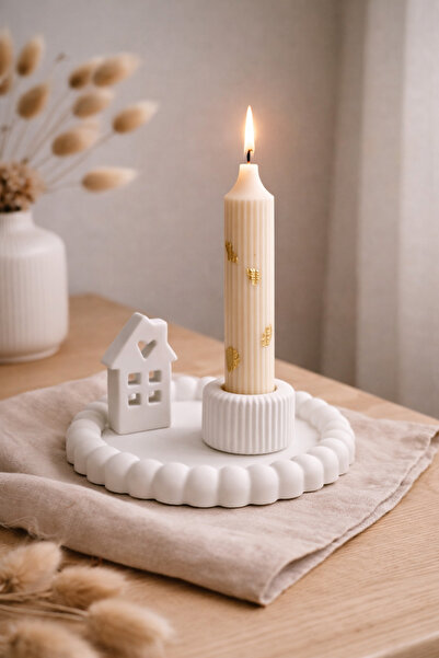 STYLUX Set Cadou Decorativ Hygge Nordic cu Lumânare din Ceară de Soia cu Foiță, Tavă, Sfeșnic și casuta