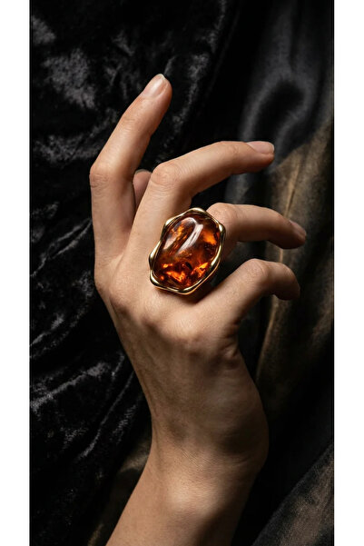 Dorvina خاتم نسائي كبير من النحاس المقاوم للصدأ، لون ذهبي، حجر بني، بيضاوي ال...