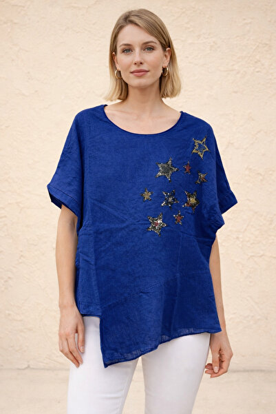 NEW JOURNAL Women's Cobalt Star Sequined Asymmetrical Linen Blouse Nj120