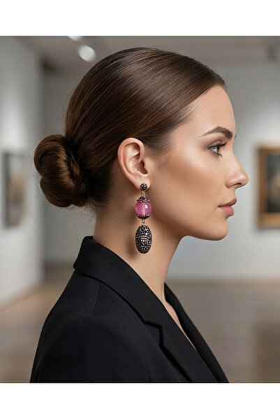 HOSBUTIK Natural stone pink quartz stone design earrings