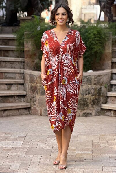 Nevin Kaya Moda V138 Brown Leaf Patterned Bat Sleeve Dress