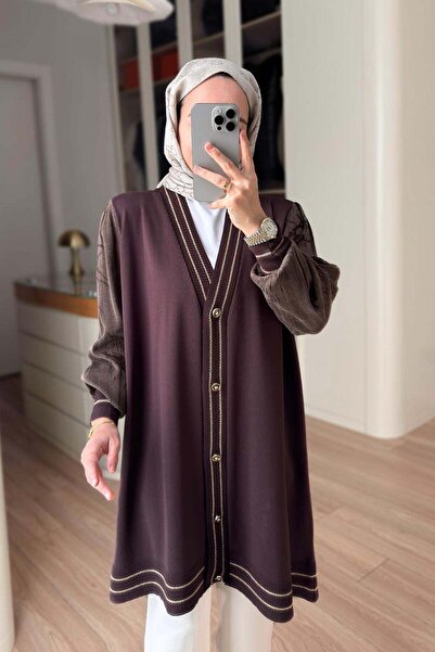 Ka Hijab Stripe Detail Silk Cupra Mercerized Cardigan - Brown