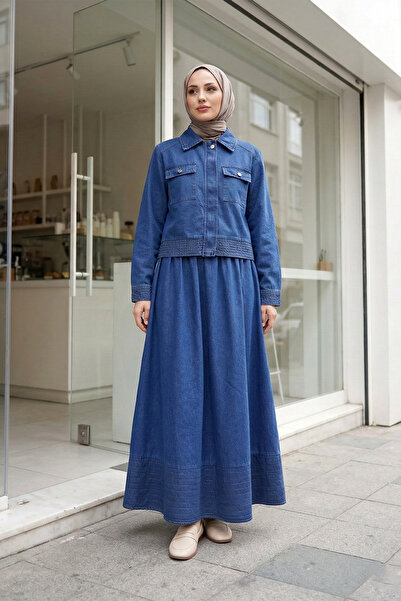 MODAQU Seam Detail Zippered Denim Jacket Skirt Set - Indigo