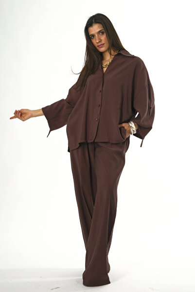 ABBRA Women's Elastic Waist Wide-Leg Shirt Set