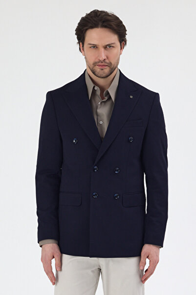 Frappoli Pique Men's Navy Blue Double-Breasted Pointed Collar Stretchy Poly V...