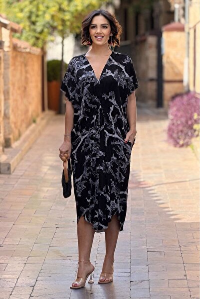 Nevin Kaya Moda V138 Rochie cu mâneci liliac, culoare Negru Coral, cu model