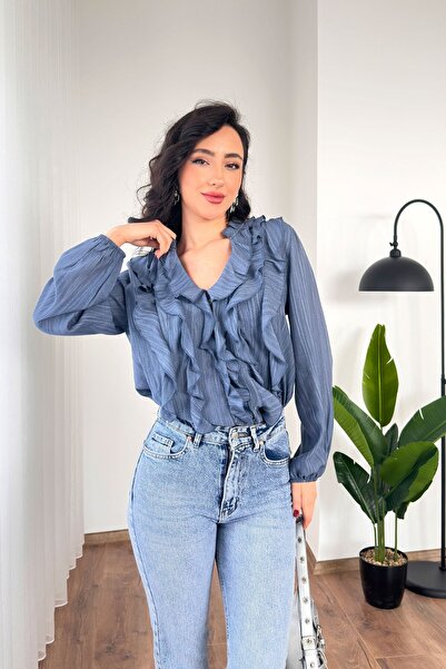 Hipo Trend detaliu cu volane Bluză Indigo cu mânecă lungă