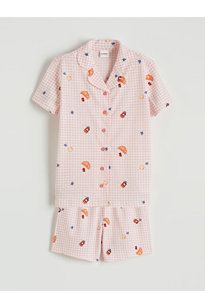 LC Waikiki Ecru guler de cămașă cu model Set de pijamale pentru fete cu panta...