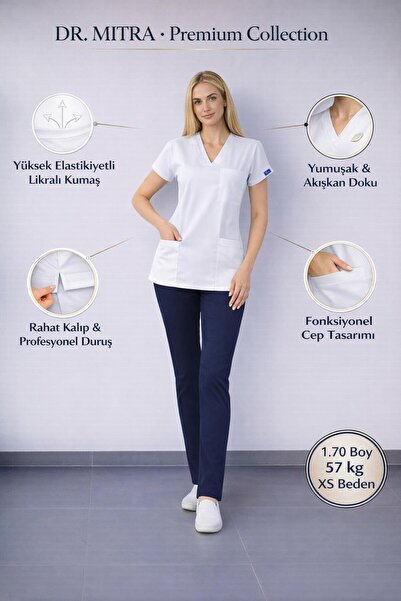 Dr. Mitra Top White Bottom Navy Blue Stretch Fabric Nurse Doctor Uniform Unis...
