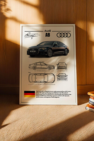 e2nova Audi A8 Tablo - Teknik Özellikli Alman Lüks Sedan Poster - Çerçeveli D...