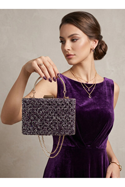 Çanta Trend Women's Stone-Embellished Handbag and Long Chain Strap Bucket Mod...