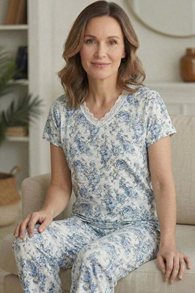 Niket Life Women's Patterned Lace Collared Short Sleeve Long Combed Cotton Mo...