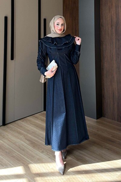 STİLBOON Kolları Büzgülü Denim Elbise 1180 Lacivert