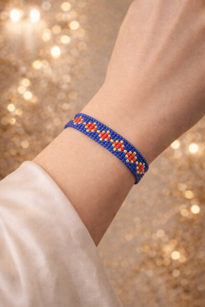ALYA Miyuki Boncuk El Yapımı Desenli Bileklik – Mavi Kırmızı Etnik Tasarım