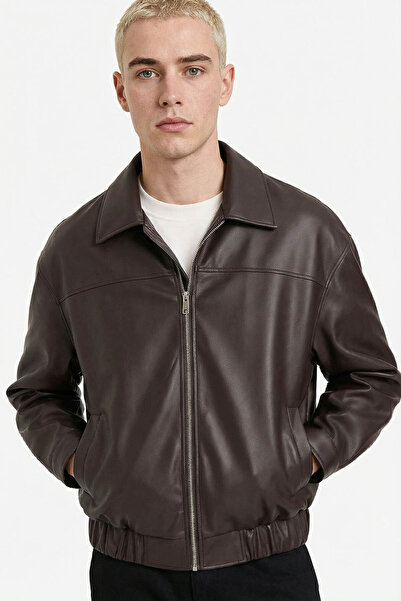 DeFacto 26Y801000950 Σκούρο καφέ ανδρικό δερμάτινο παλτό G0193AX/BN339